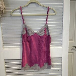 Feminine Silk-Feel Fuchsia Lace Trim Cami